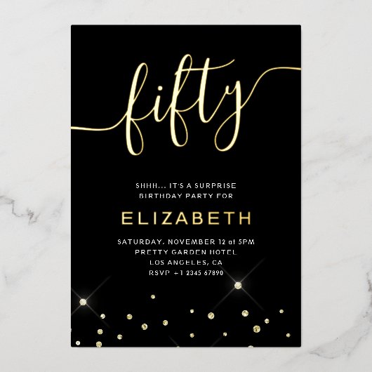 Invitation En Aluminium Parties scintillant Black & Gold Script 50e fête d (Recto)