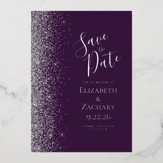 Invitation En Aluminium Parties scintillant d'argent violet foncé Enregist (Recto)