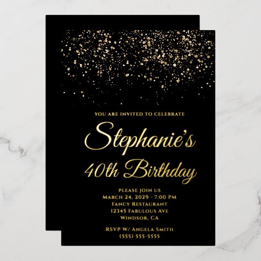 Invitation En Aluminium Parties scintillant d'or Noir 40e anniversaire (Recto/Verso)