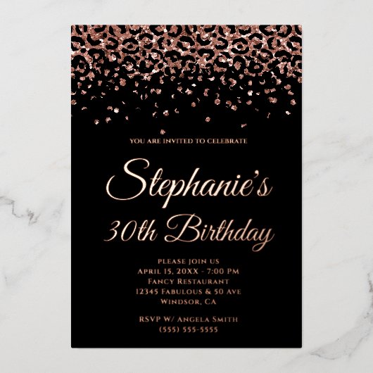 Invitation En Aluminium Parties scintillant d'or rose Léopard Glam Noir 30 (Recto)