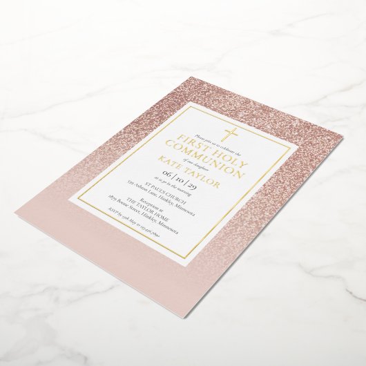 Invitation En Aluminium Parties scintillant d'or rose Première Communion d (Rotation)