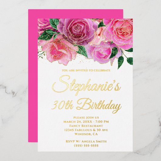 Invitation En Aluminium Parties scintillant d'or Rose rose chaud Glam 30e (Recto/Verso)