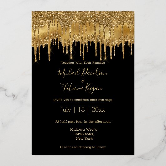 Invitation En Aluminium parties scintillant élégantes en or noir goutte à (Recto)