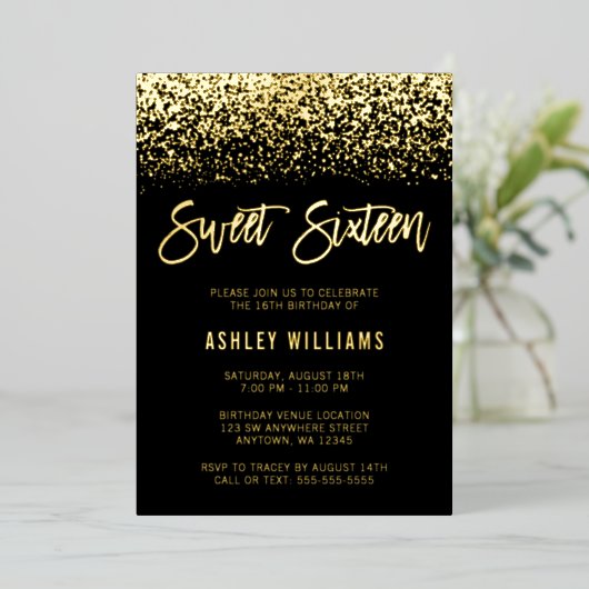 Invitation En Aluminium Parties scintillant moderne Sweet 16 Black Gold (Debout devant)