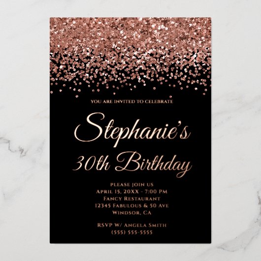 Invitation En Aluminium Parties scintillant or rose Glam Black 30e anniver (Recto)