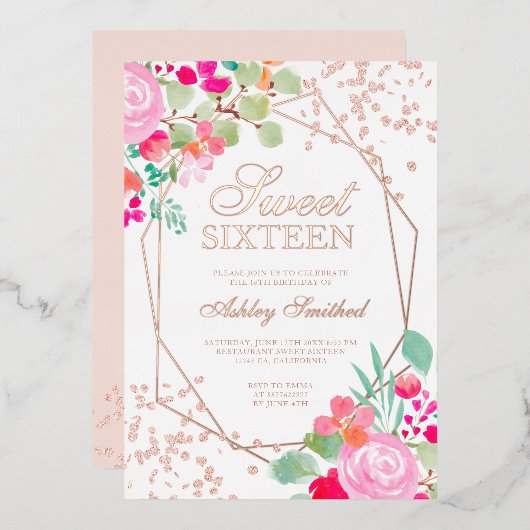 Invitation En Aluminium parties scintillant rose or rose floral aquarelle  (Recto/Verso)