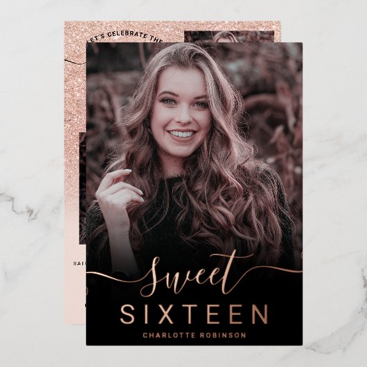 Invitation En Aluminium parties scintillant rose or rose ombre 5 photos do (Recto/Verso)