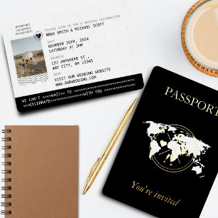 Invitation En Aluminium Passeport de voyage or et noir - Photo de mariage