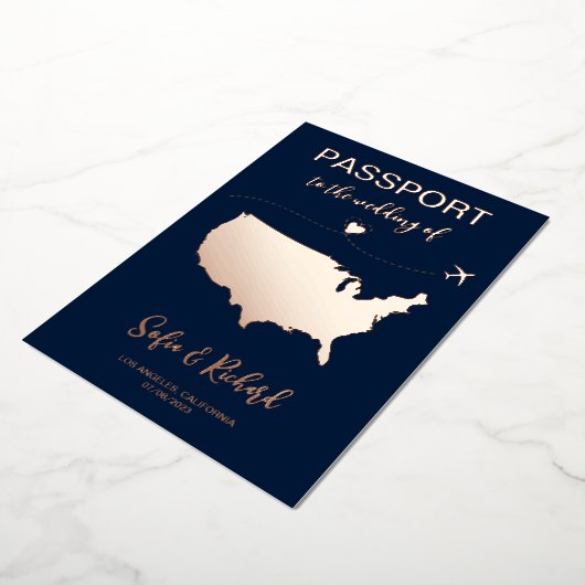 Invitation En Aluminium Passeport Mariage Destination Gold Foil fond (Rotation)