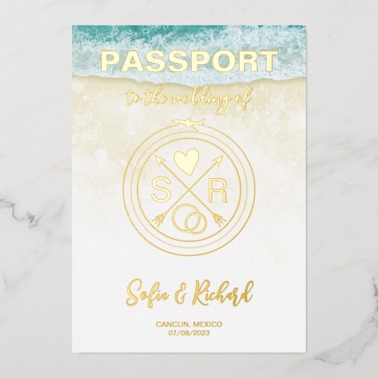 Invitation En Aluminium Passeport Mariage Destination Gold Foil fond (Recto)