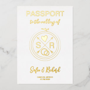 Invitation En Aluminium Passeport Mariage Destination Gold Foil fond