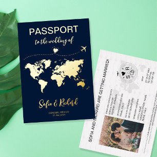 Invitation En Aluminium Passeport Mariage Destination Gold Foil fond