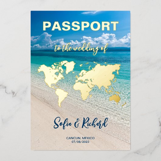 Invitation En Aluminium Passeport Mariage Destination Gold Foil fond (Recto)