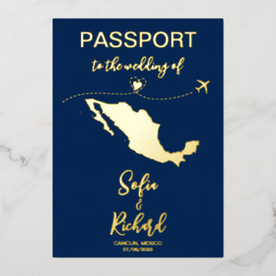 Invitation En Aluminium Passeport Mexique Destination de Mariage Or