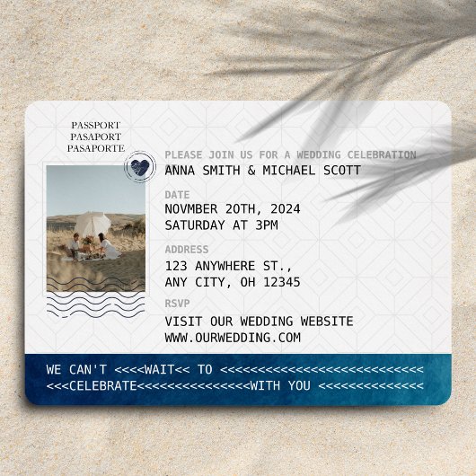Invitation En Aluminium Passeport Océan & Or Mariage Destination Photo