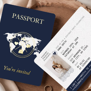 Invitation En Aluminium Passeport Or et Bleu Marine Photo d'Anniversaire U