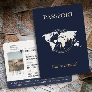 Invitation En Aluminium Passeport Or et Bleu Nuit Photo de Mariage Unique