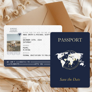 Invitation En Aluminium Passeport Or Navy Destination Photo Enregistrez la