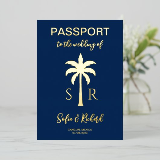 Invitation En Aluminium Passport Mariage Destination Gold Palm Monogramme (Debout devant)
