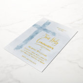 Invitation En Aluminium pastel bleu Croix sainte Première communion (Rotation)