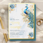 Invitation En Aluminium Pastel Blue Floral Indien Peacock Mariage Or<br><div class="desc">Éblouissez vos invités avec cet invitation de mariage élégant avec un paon magnifique avec de belles fleurs. Ajoutez simplement les détails de votre événement sur ce modèle facile à utiliser pour en faire une invitation unique.</div>