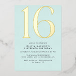 Invitation En Aluminium Pastel Light Blue & Gold | Simple Cute Sweet 16<br><div class="desc">Invitations de style moderne à 16ème anniversaire avec un grand cap "16" en véritable feuille métallique sur un joli arrière - plan bleu pâle. (Les couleurs Arrière - plans peuvent être modifiées à l'aide de l'outil de conception. Vous pouvez également modifier le type de feuille métallique.)</div>