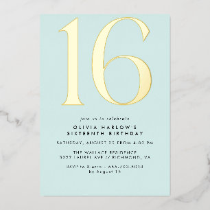 Invitation En Aluminium Pastel Light Blue & Gold   Simple Cute Sweet 16