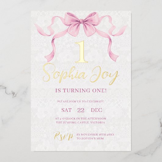 Invitation En Aluminium Pastel Pink Bow & Elegant Gold Script Anniversaire (Recto)