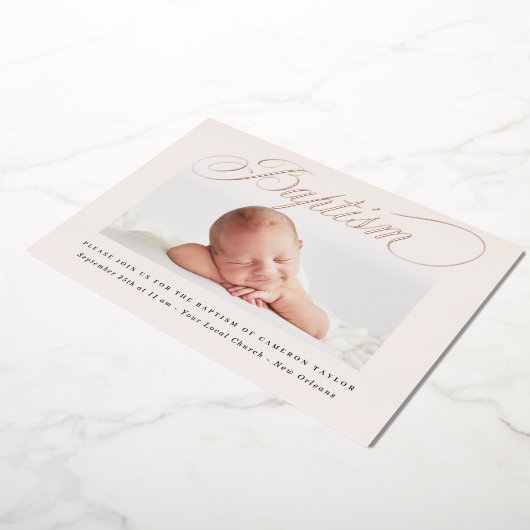 Invitation En Aluminium Pastel Subtle Cross One Photo Baptême Rose Or (Rotation)