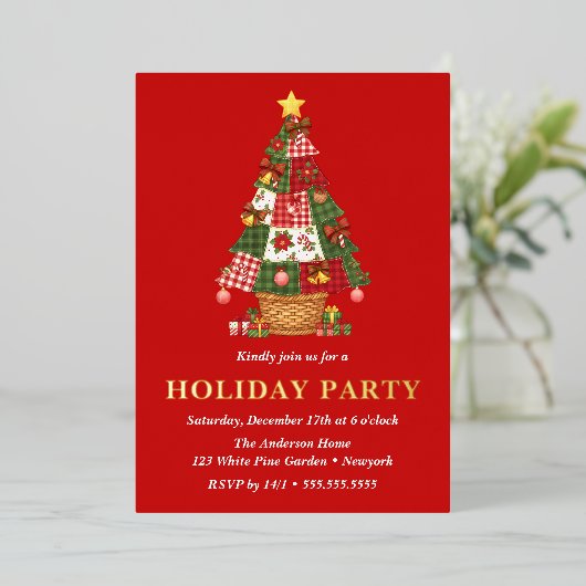Invitation En Aluminium Patchwork Christmas Tree Fête (Debout devant)