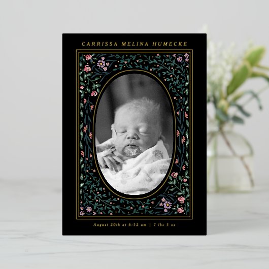 Invitation En Aluminium Patrimoine Floral Frame Ovale Photo Noir Naissance (Debout devant)