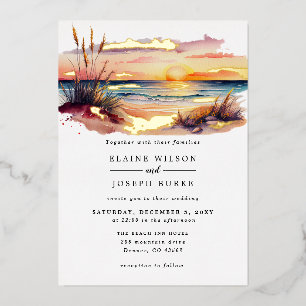 Invitation En Aluminium Paysage marin de coucher de soleil aquarelle rusti