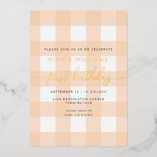 Invitation En Aluminium Peach En vichy premier anniversaire Gold Foil Invi (Recto)