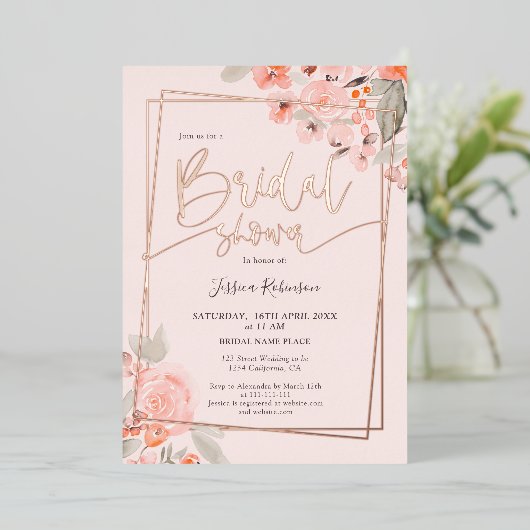 Invitation En Aluminium Peach floral rose or script nuptiale douche (Debout devant)