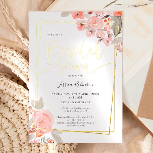 Invitation En Aluminium Peach floral vert or script nuptiale douche