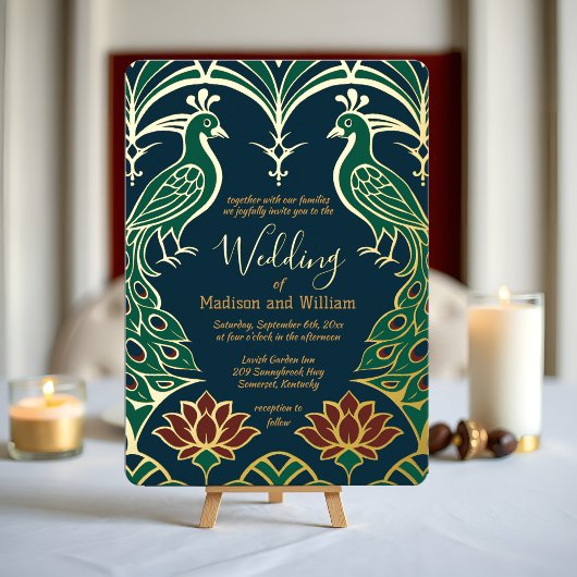 Invitation En Aluminium Peacock et Lotus Mariage Élégant Déco Regal Blue