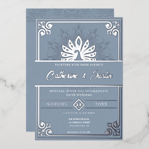 Invitation En Aluminium Peacock Mariage Art déco moderne Argent