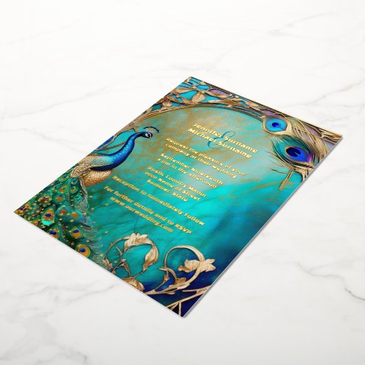 Invitation En Aluminium Peacock plumes iridiscent Art nouveau luxe (Rotation)