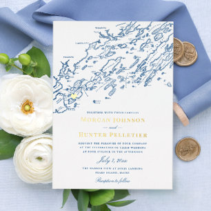 Invitation En Aluminium Peaks Island Maine Mariage Élégant Marine et Or