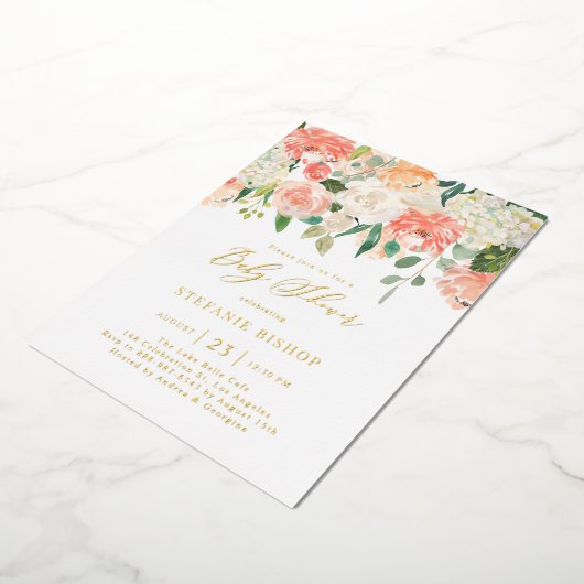 Invitation En Aluminium Pêche à l'aquarelle et Baby shower aux fleurs d'iv (Rotation)