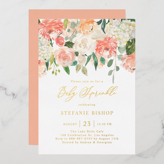 Invitation En Aluminium Pêche à l'aquarelle et fleurs d'ivoire saupoudrer (Recto/Verso)