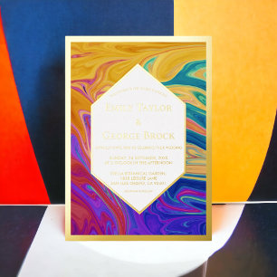 Invitation En Aluminium Peinture Abstraite Élégante Colorée Mariage Or