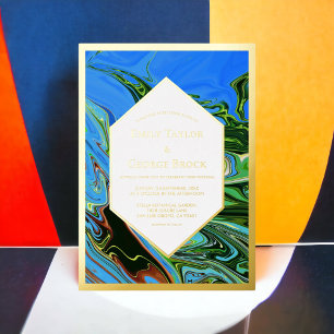 Invitation En Aluminium Peinture Abstraite Mariage Bleu Minimal Vert Or