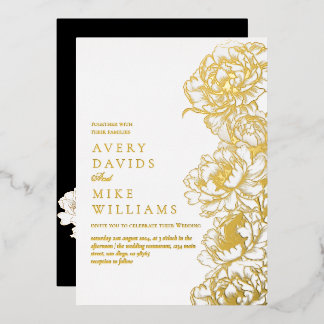 Invitation En Aluminium Peonies florales Blanc Golden Elegant Mariage