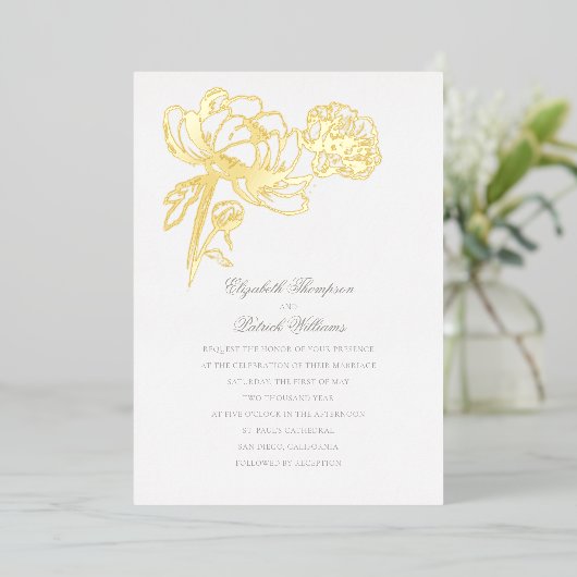 Invitation En Aluminium Peonies Or Floral Formal Mariage élégant (Debout devant)