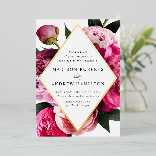 Invitation En Aluminium Peonies Vibrantes Diamond Floral Frame Mariage Or (Debout devant)