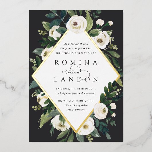 Invitation En Aluminium Peony blanc | Mariage de cadre fleuri géométrique (Recto)