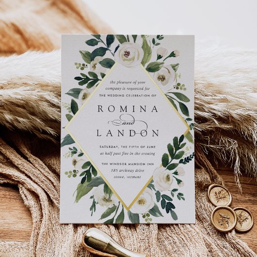 Invitation En Aluminium Peony blanc | Mariage de cadre fleuri géométrique