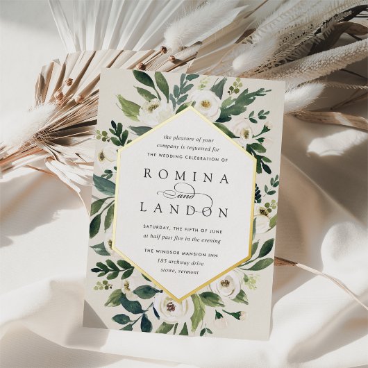 Invitation En Aluminium Peony blanc | Mariage de cadre fleuri géométrique