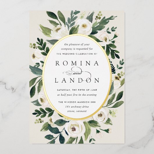 Invitation En Aluminium Peony blanc | Mariage floral à cadre ovale (Recto)